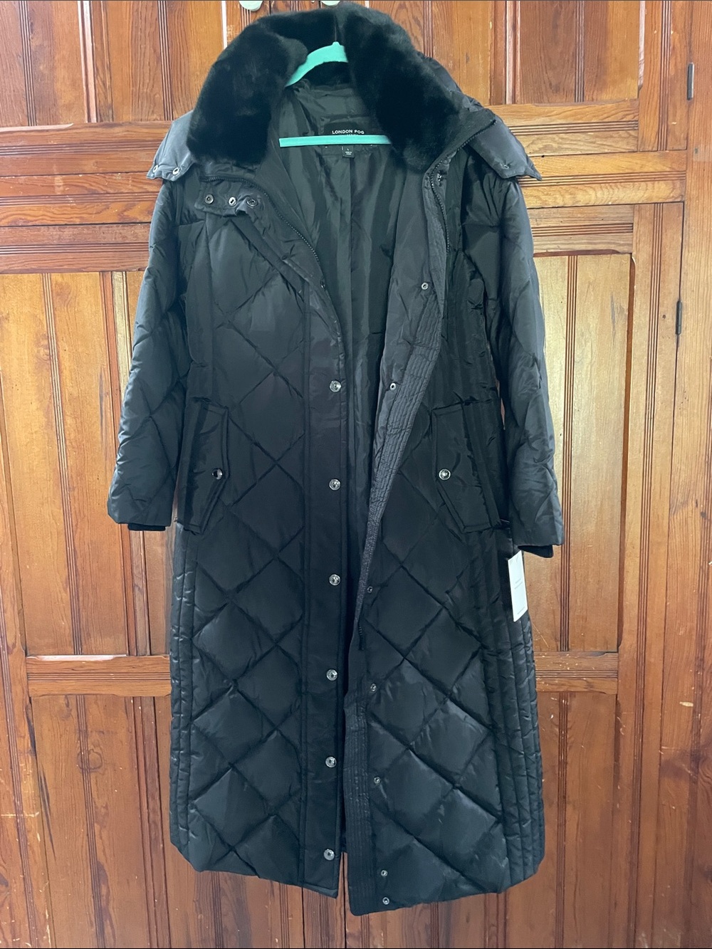 London Fog Black Quilted Long Puffer Coat with Faux Fur Collar